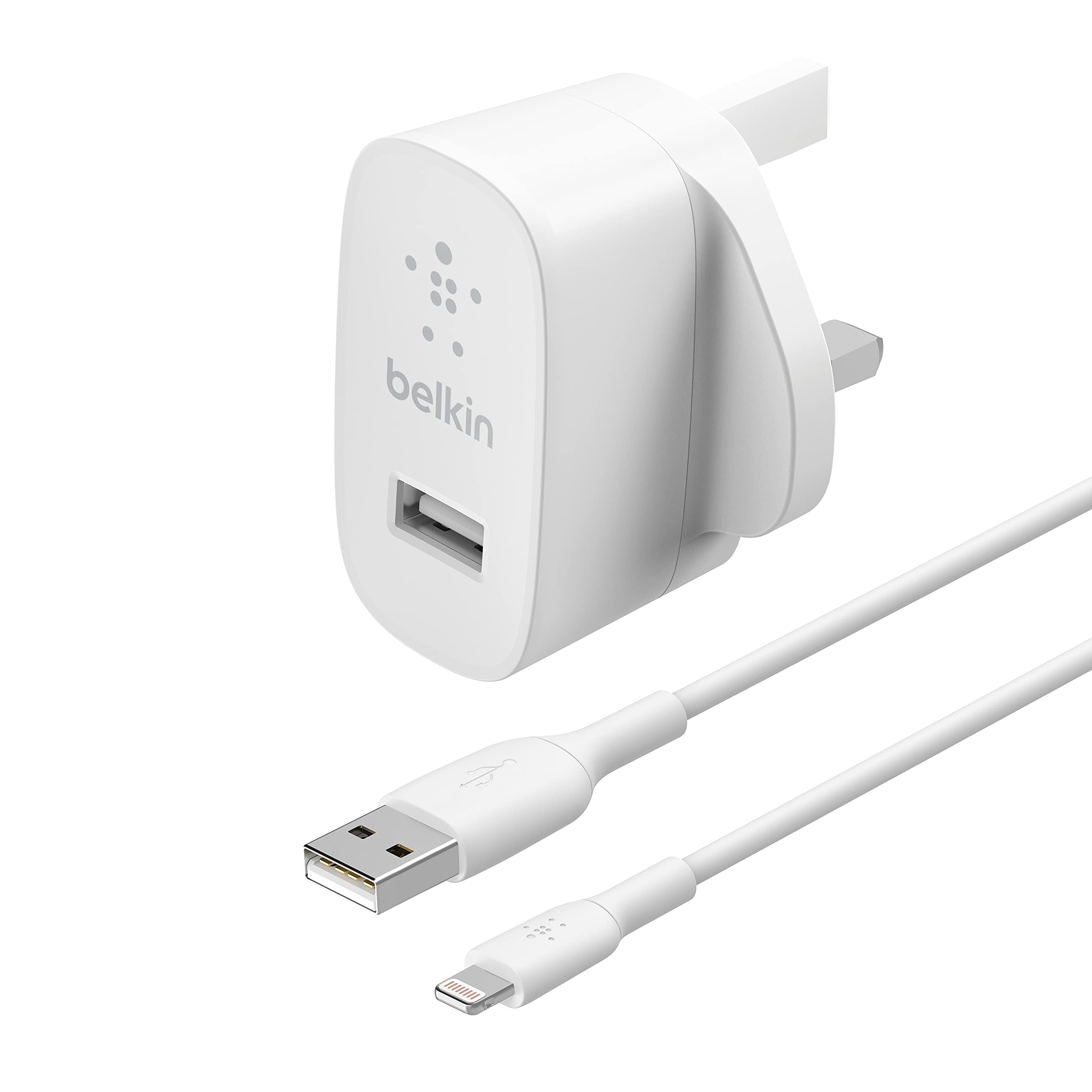 Belkin Home Charger with Lightning to USB ChargeSync Cable 12 watt/2.4 Amp, Compatible with any device that uses a USB A cable, WCA002my1MWH, 1 Meter