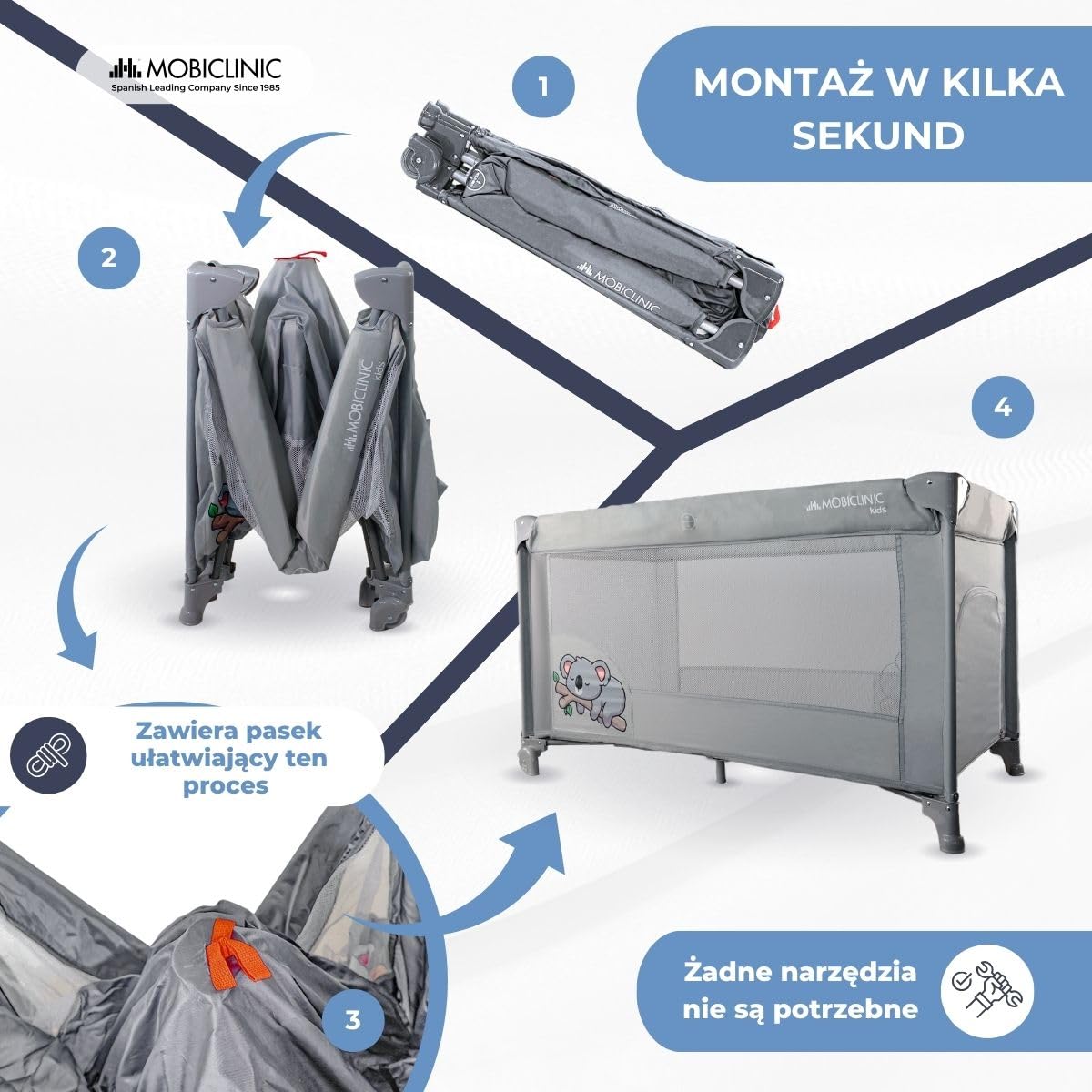 Mobiclinic®, Łóżeczko turystyczne, 2 w 1, Ultrakompaktowe składanie, Wyjmowany materac, Mofli, Do 15 kg, Oddychająca tkanina, Kojec dla dziecka, Kółka (szary)