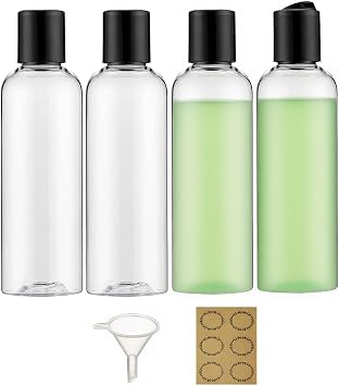 4PCS 150ML Plastic Bottles with Disc Top Flip Cap Empty Squeeze Bottles Clear Refillable Travel Container Dispensing with Funnel & Label for Liquids Lotion Shampoo Toiletries Cosmetic