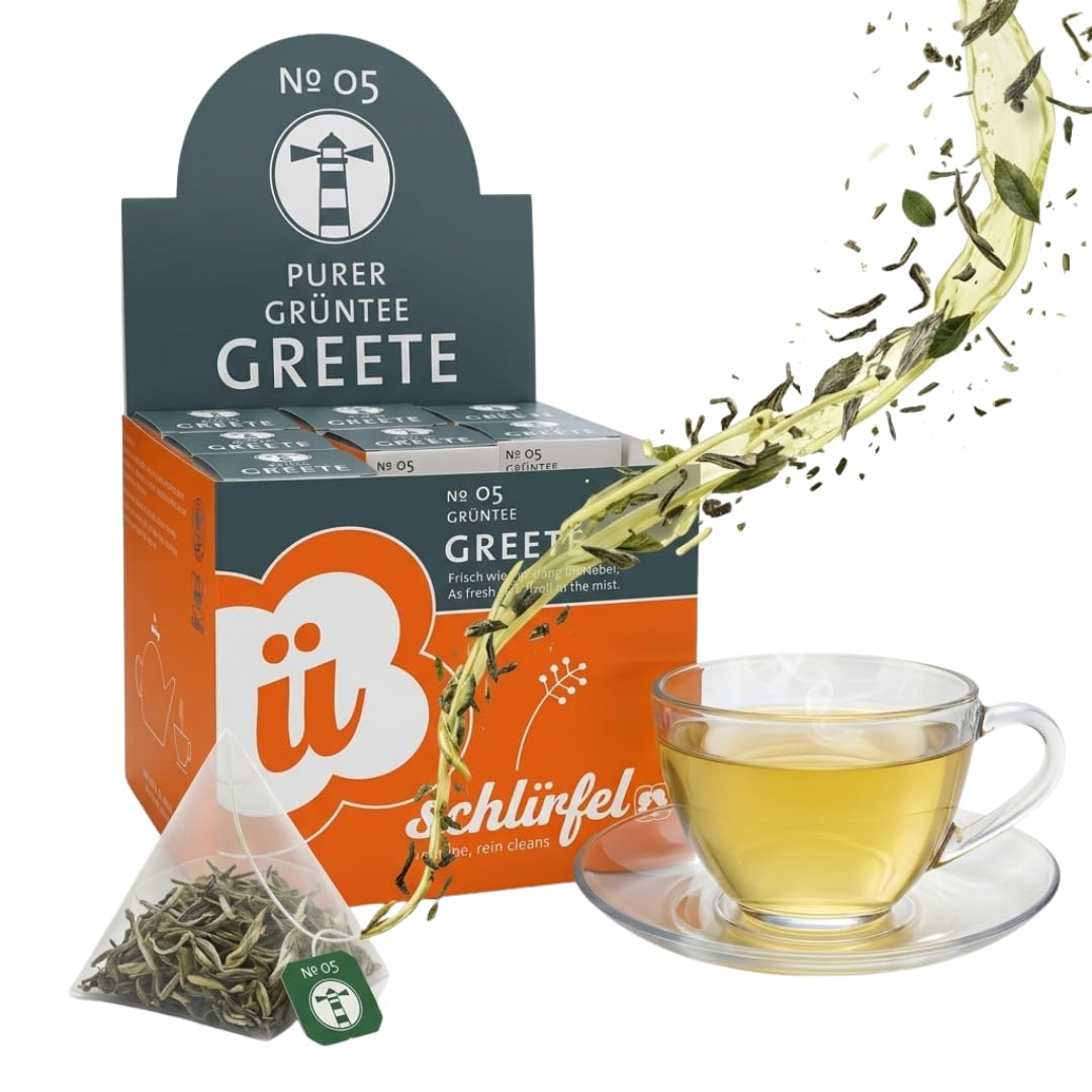 Schlürf „Greete" – Aromatischer BIO Grüner Tee aus China – Reiner Nebeltee zart-süßlich – 27 PLA Pyramidenteebeutel – PLA-Teebeutel auf Basis pflanzlicher Rohstoffe – Einzeln kuvertiert