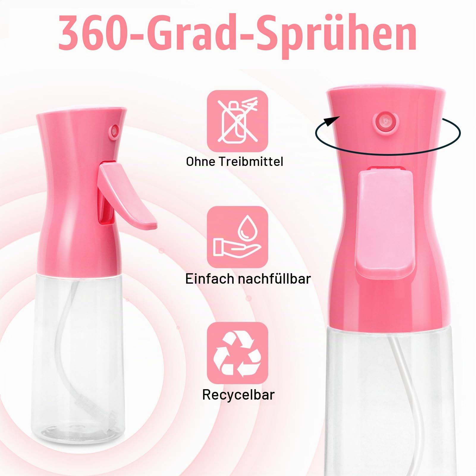 Sprühflasche für Haare, kontinuierlicher Wasserzerstäuber für Haarstyling, Salons, Reinigung, Pflanzen, ätherische Öldüfte, ultrafeiner Nebelzerstäuber, 200 ml / 6,8 OZ - rosa