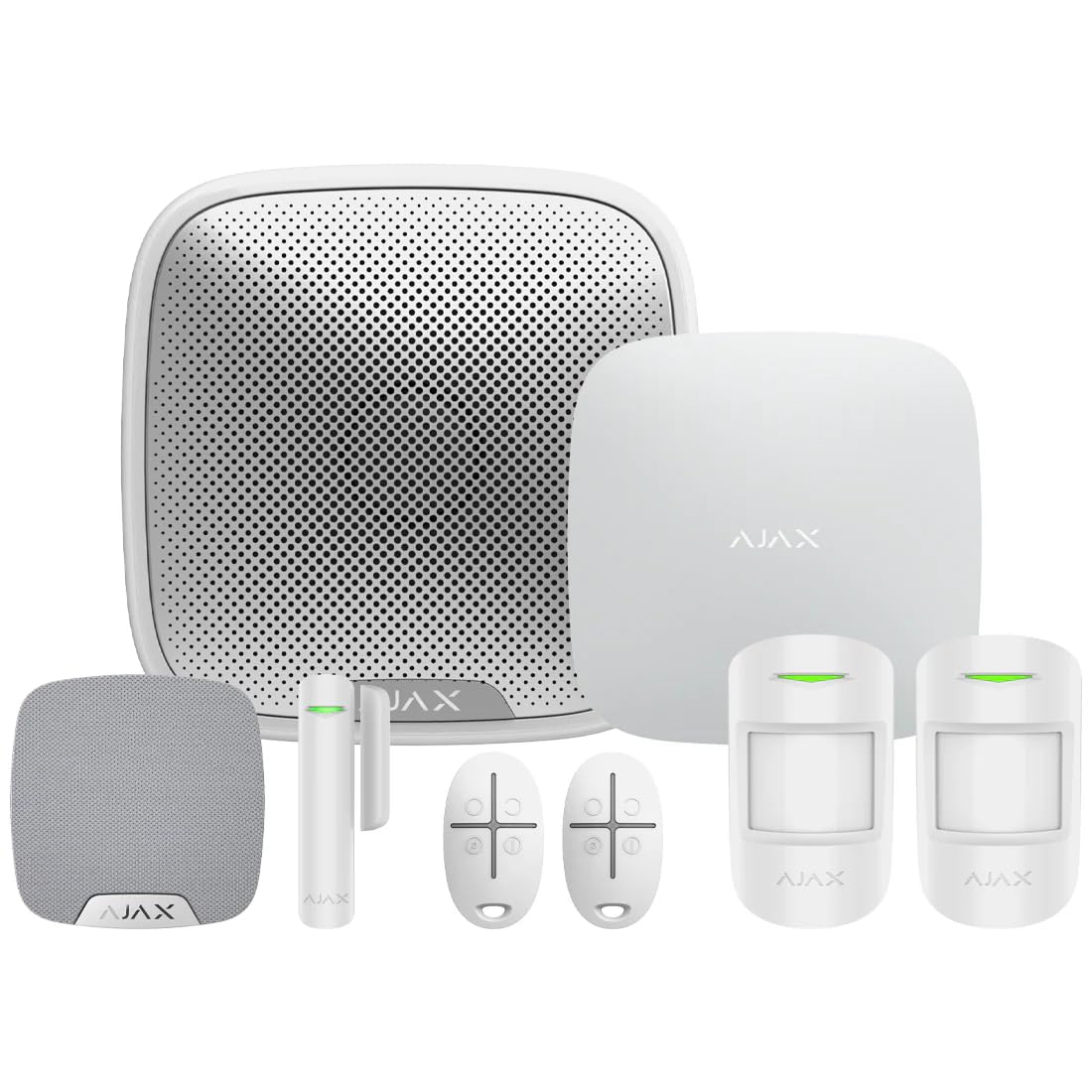 Kit de Alarma Inalámbrica 2G+LAN de AJAX Systems para Apartamentos, 2 Detectores de Movimiento, 2 Llaveros, 1 Sensor de Puerta, 1 Sirena Doméstica, 1 Sirena de Calle, Tarjeta SIM, Garantía Oficial