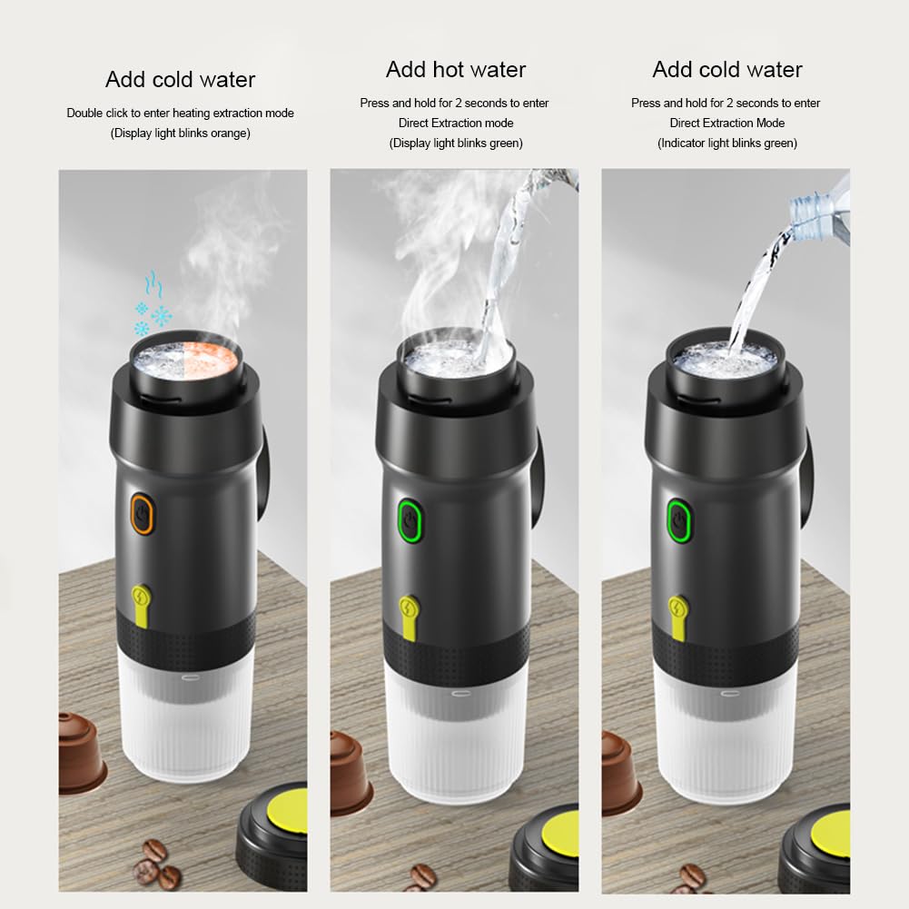 Cafetera portátil expreso, 3 en 1 de viaje recargable de 12 V, compatible con cápsulas, cafetera eléctrica inalámbrica para camping, viajes, RV, senderismo, oficina (Negro)