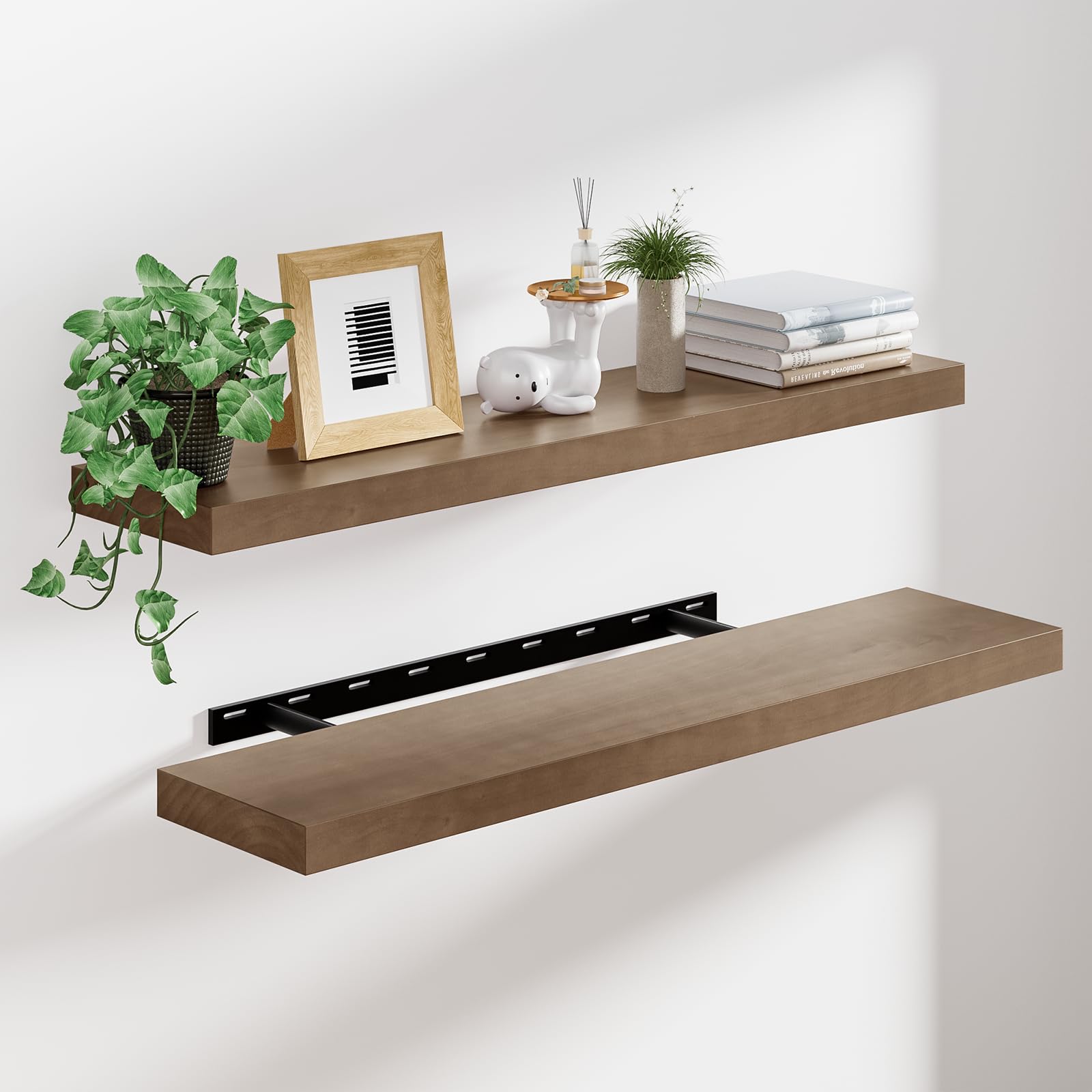 Heimlove 36 Inch Floating Shelves for Wall Walnut Shelves Set of 2,Wall Mounted Rustic Wood 8 Inch Deep Floating Shelf with Invisible Brackets for