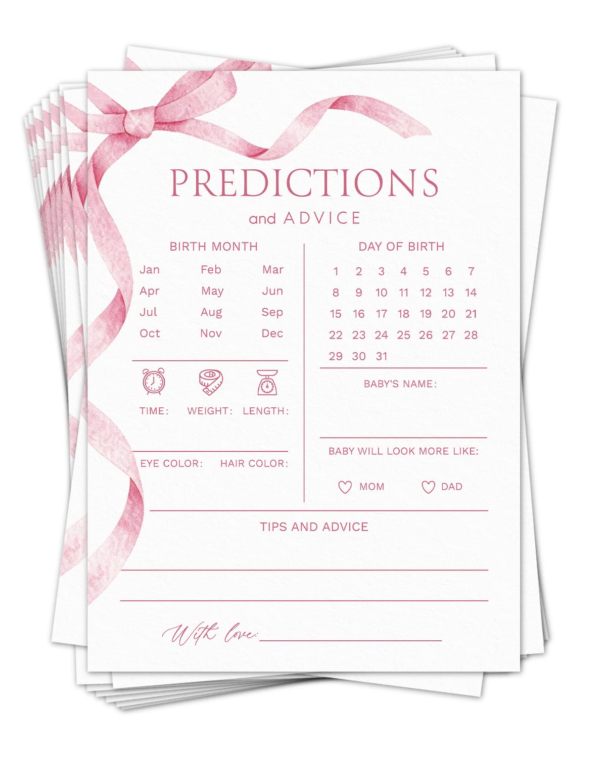 Pink Bow Baby Predictions and Advice Cards for New Parents, Baby Shower Games for Girls, Wishes for Mommy and Daddy, 20 Cards