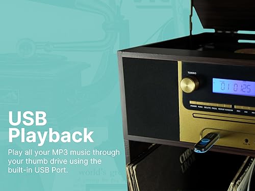 Miniatura 7 de Victor VWRP-4500 Boyleston Centro de música tocadiscos 7 en 1 con reproductor de grabación de 3 velocidades, reproductor de CDMP3, radio AMFM,