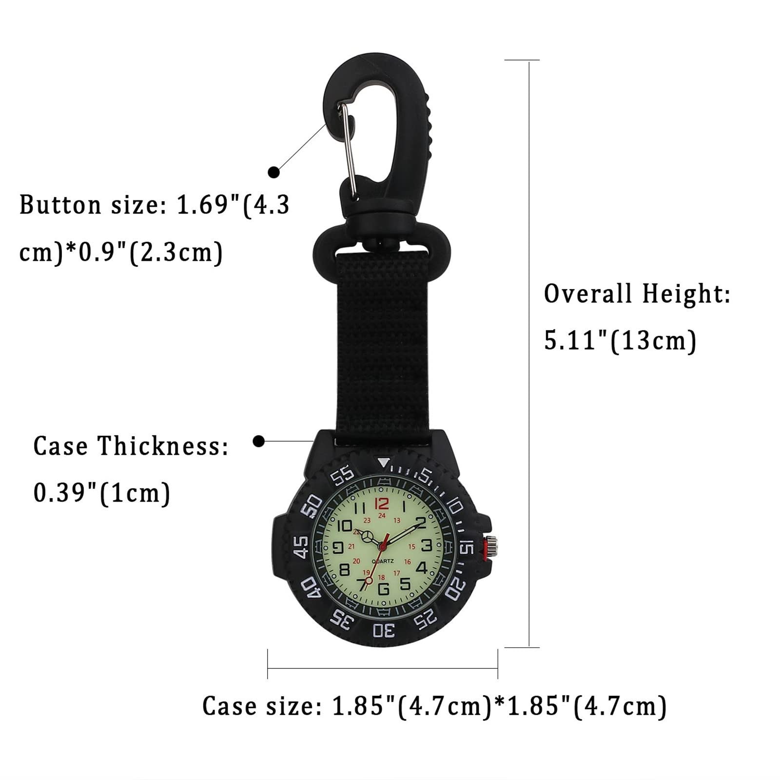 JewelryWe Zegarek na karabińczyk 24h, analogowy, kwarcowy, zegarek kieszonkowy, klips na karabińczyk, FOB, zegarek 30, wodoszczelny, świecący, cyferblat, zegarek sportowy, karabińczyk, zegarek z kompasem, uniseks, prezent
