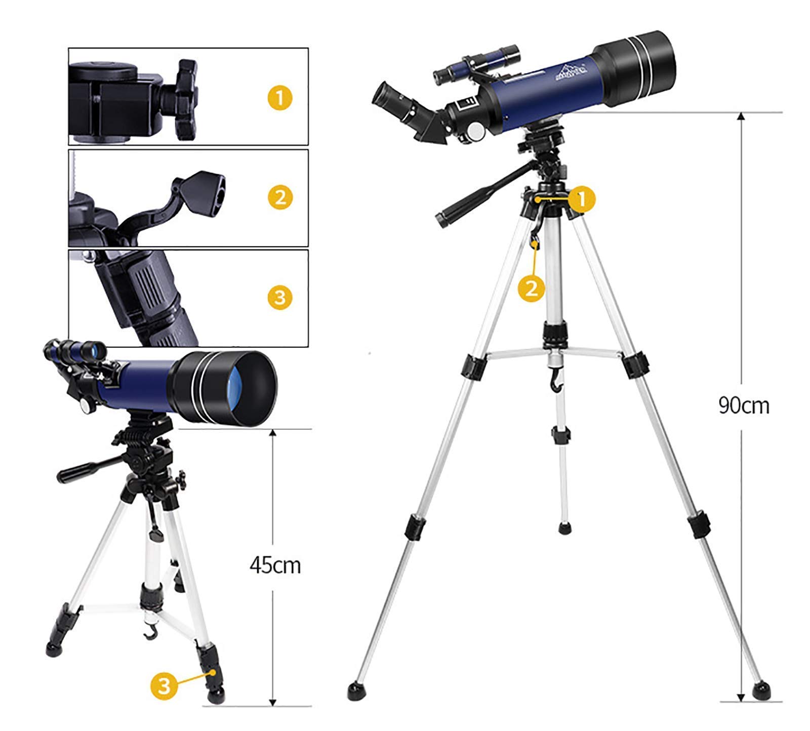 Telescopio astronómico, para niños Principiantes, Adultos, telescopios refractores astronómicos monoculares de 70 mm, con trípode Ajustable en Altura, Soporte para teléfono, Blanco