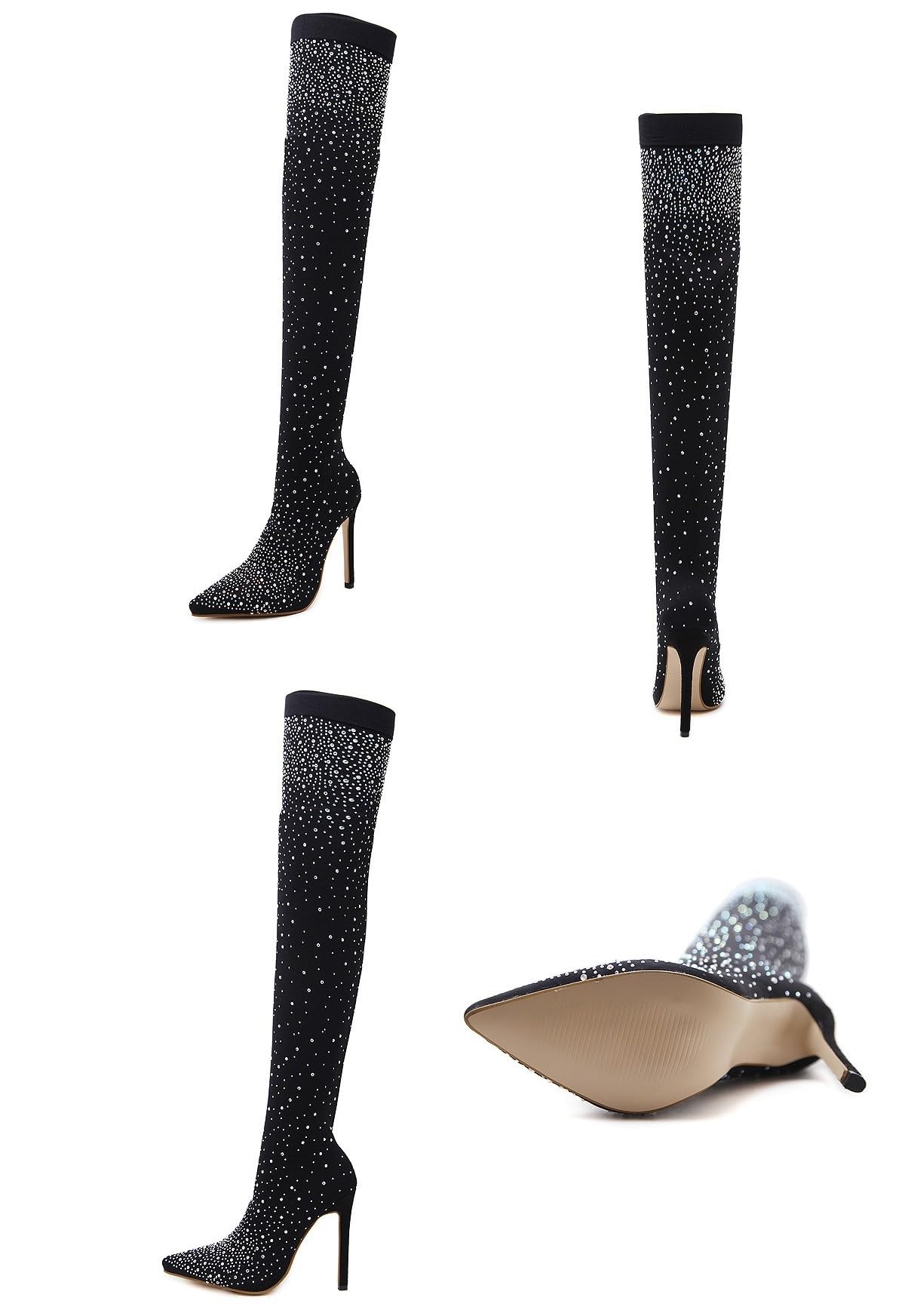 Stivali sopra il ginocchio da donna con strass, sexy, elasticizzati, con tacchi alti, punta a punta, materiale elastico