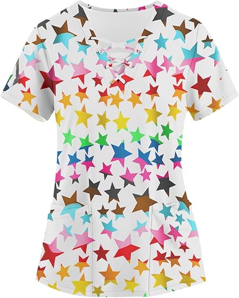OIOLOYJM Printed Scrub Tops Women Short Sleeve V Neck Plus Size Scrubs for Womens Nursing Uniforms Shirts with Pockets