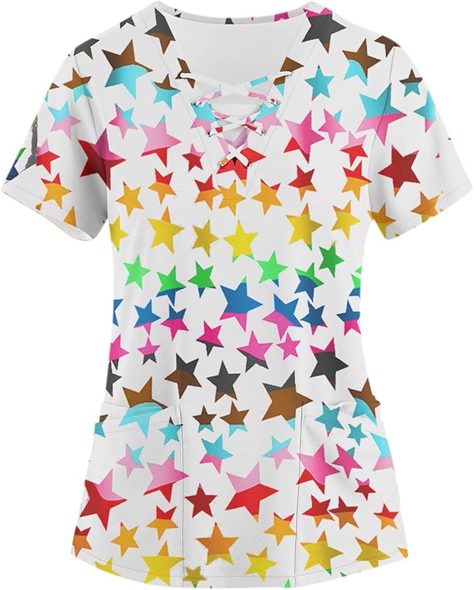 OIOLOYJM Printed Scrub Tops Women Short Sleeve V Neck Plus Size Scrubs for Womens Nursing Uniforms Shirts with Pockets