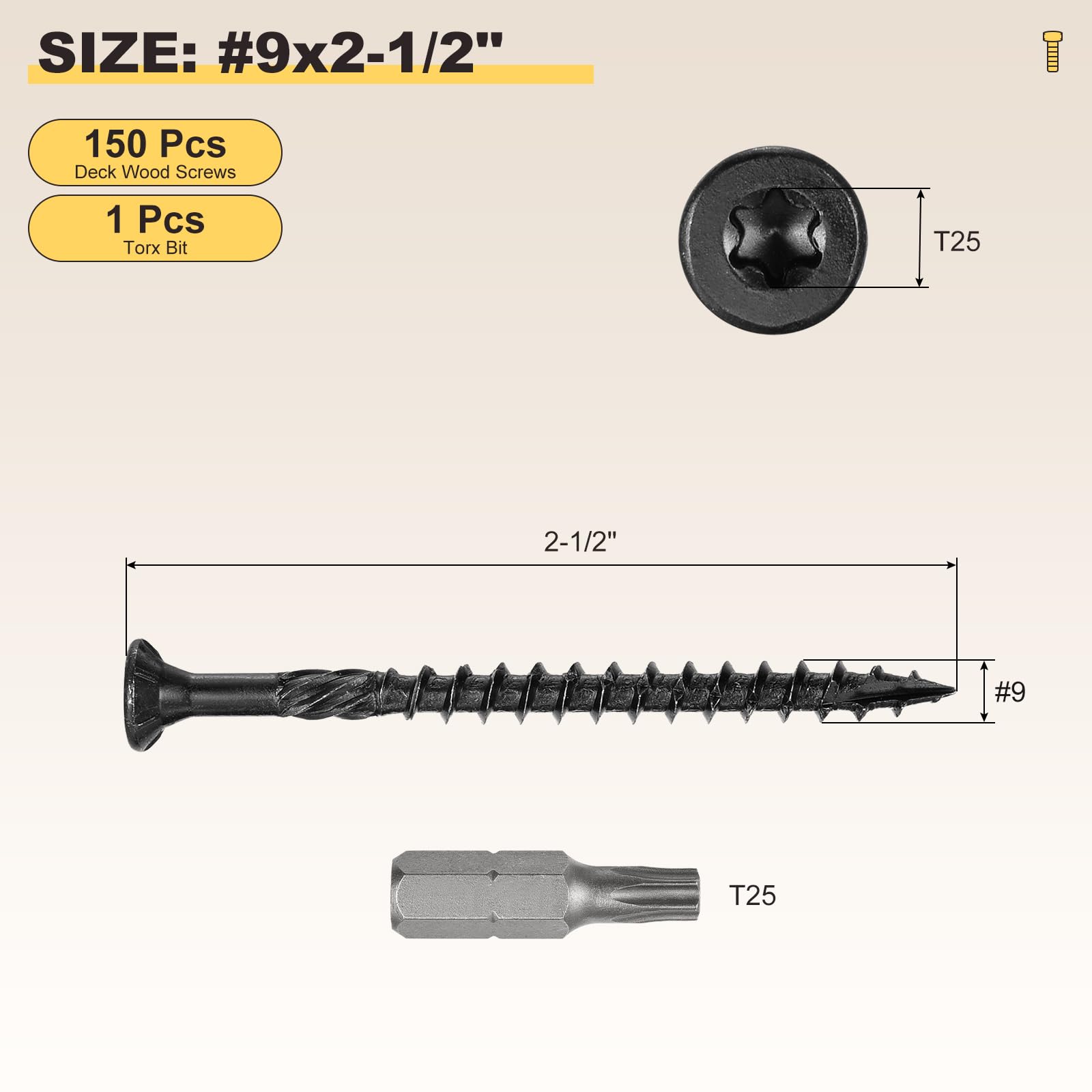 METALLIXITY Deck Screws (#9x2-1/2") 150Pcs, Carbon Steel Wood Screw Decking Screws Epoxy Coated with T25 Torx Drive Head - Image 2
