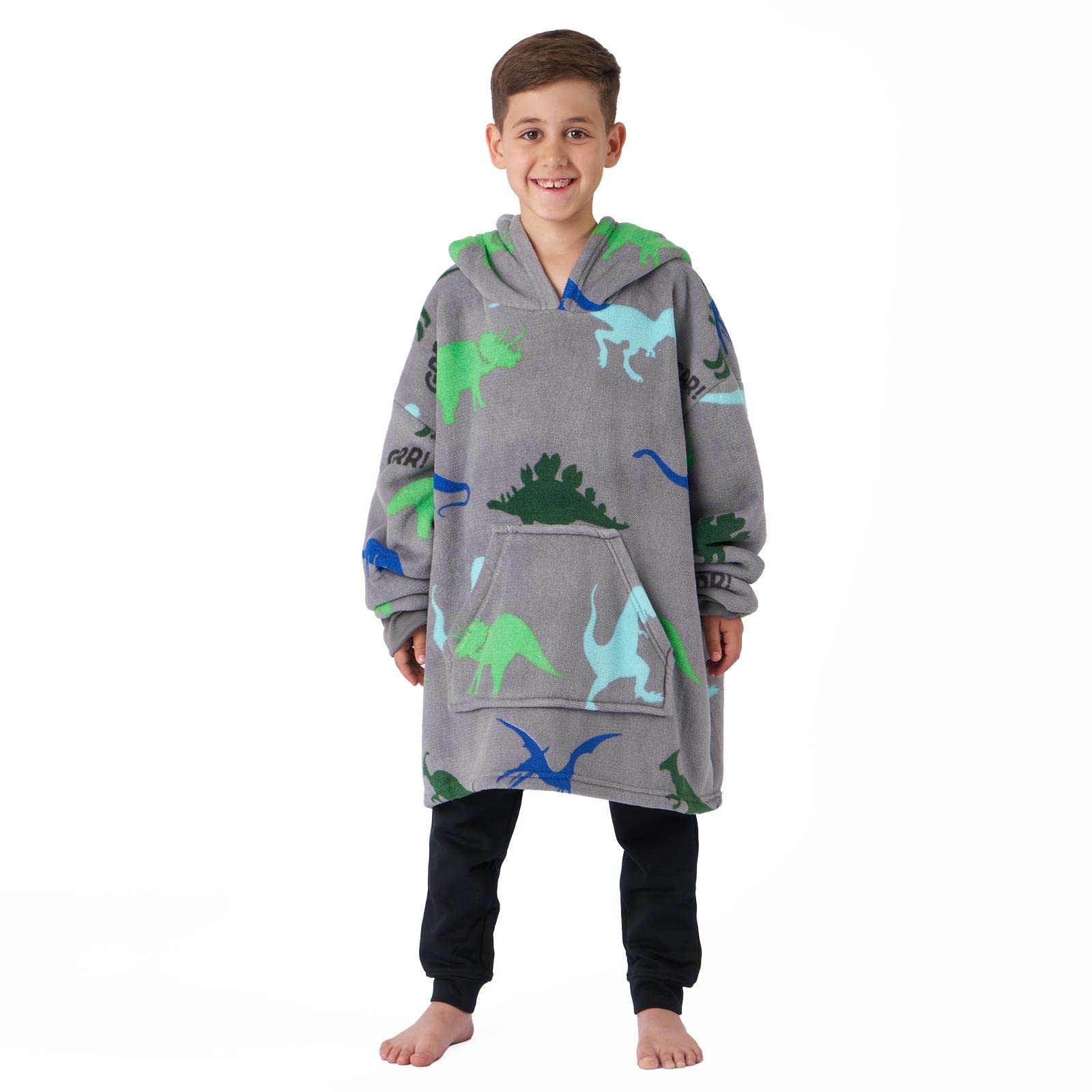DreamsceneDreamscene Dinosaur Print Hoodie Blanket Oversized Wearable Kids Childrens Soft Warm Super soft Sherpa Throw, One Size - Grey Green Blue