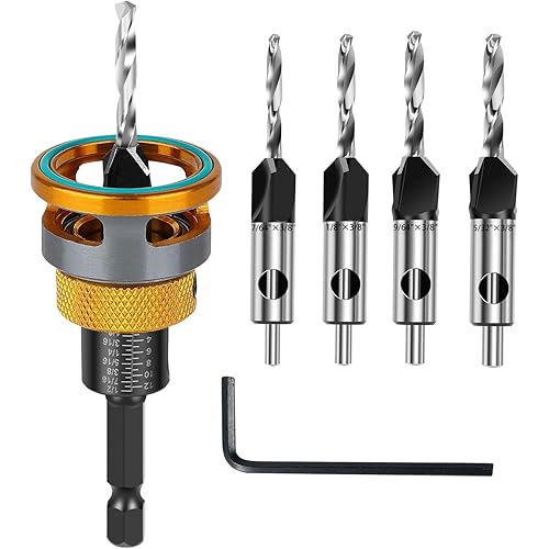 Countersink Drill Bit Set with Depth Stop 4PCS, HCS Four Blades Countersink Bits with Adjustable Depth Stop and L Shape Wrench, Wood Countersink Bit Set for Wood, Plastic, Woodworking
