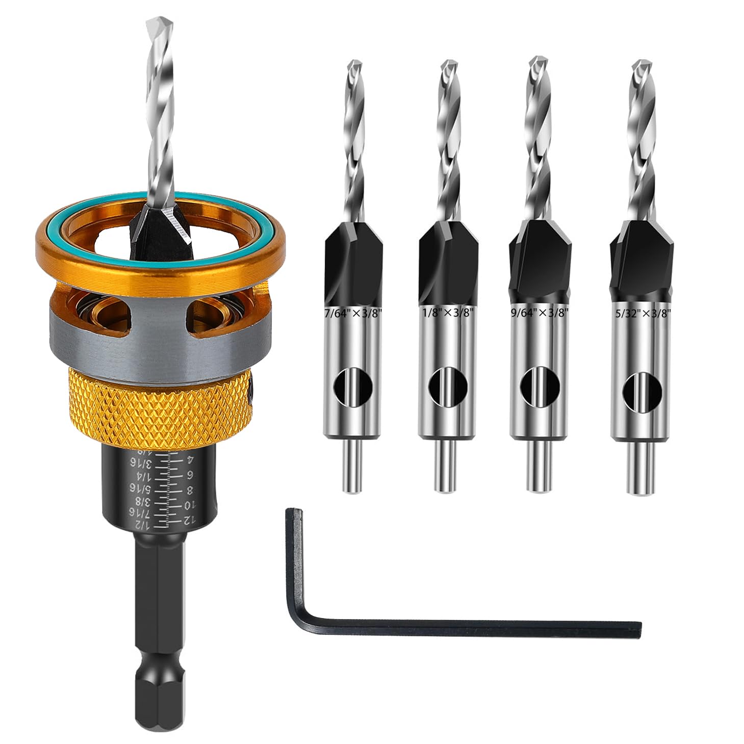 WildBossy 4PCS Countersink Drill Bit Set with Adjustable Depth Stop - M2 HSS Pilot Bits for Precision Woodworking Countersinks
