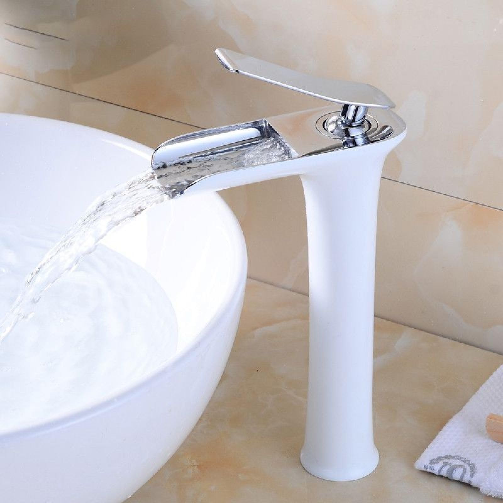 Bathroom Waterfall hot and Cold Water washbasin Faucet, White Inlaid Silver high