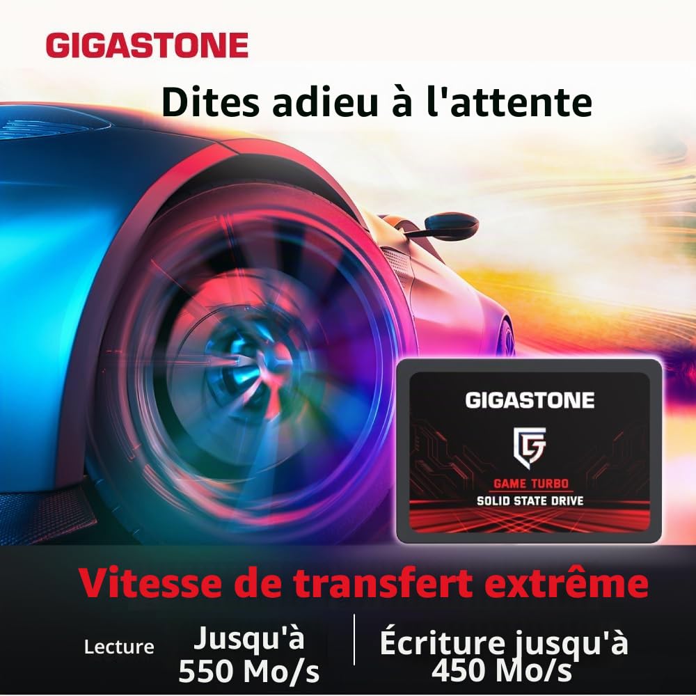 Gigastone SATA SSD internes 512Go (Lot de 2) 2.5" SATA III Interface 3D NAND Disque Dur SSD Disque de Jeu Compatible avec Ordinateurs Portables et Ordinateurs de Bureau 2.5 Pouces 550Mo/s SLC Cache