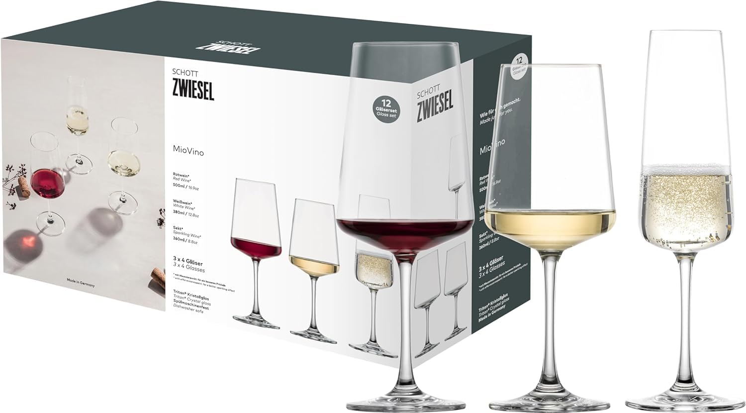 SCHOTT ZWIESEL MioVino Gläserset, 12er-Starterset (Rotwein-, Weißwein- und Sektgläser)