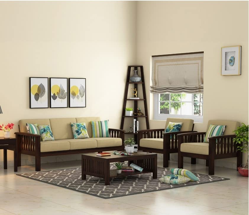 Image of 5 Seater Solid Sheesham Wood Sofa Set for Living Room | 3+1+1 Wooden Sofa Set | Sofa Set Furniture for Home with Cushions (Walnut Finish)