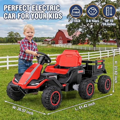 Image of Hikole 24V Ride on Toys Tractor for Kids 3+ w /Trailer, Electric Car, Red