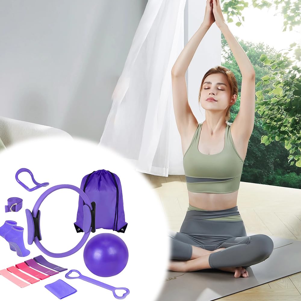 13 Pezzi Pilates Essentials Kit, Kit Pilates Completo, Fitness Ring per Esercizi Interni della, Set da Pilates Cerchio Pilates con Palla Yoga, Cerchia di Pilates per Allenamenti Casa e Studio