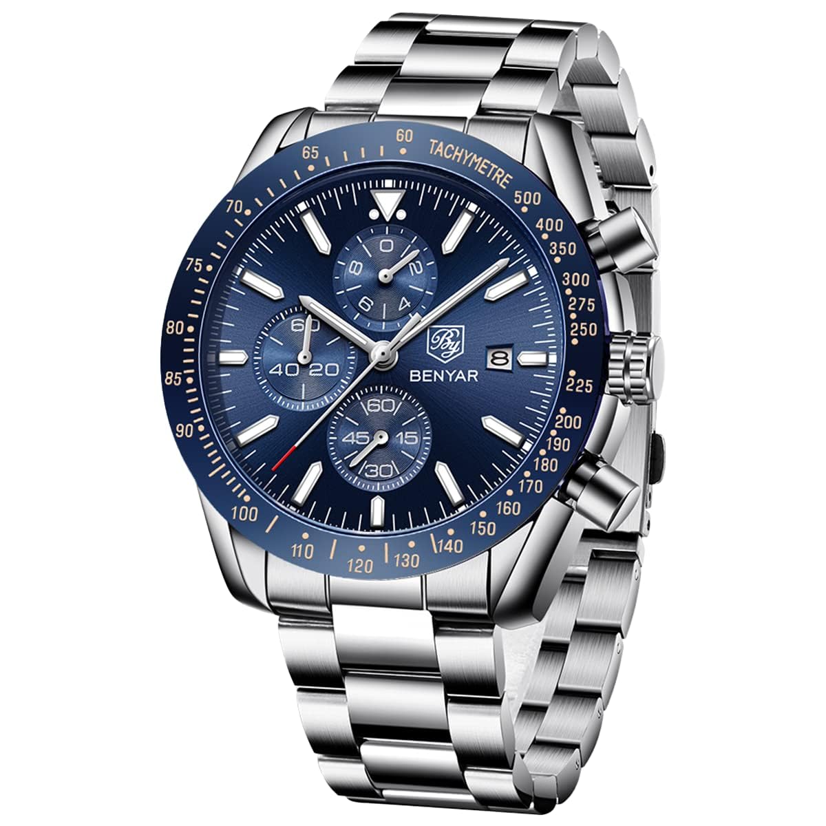BY BENYAR Men's Chronograph Watch, Analog, Waterproof Up To 98.4 ft (30 m), Business, Simple, Fashionable, Popular, Formal, Leather Strap, Quartz, Gift for Men, Bracelet Type