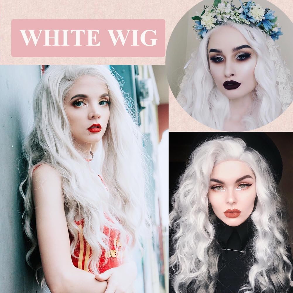 PORSMEER Long White Wavy Curly Wig for Women Halloween Costume Elf Fairy or Witch,Natural Looking Synthetic Hair Replacement Wig for Unisex Anime Cosplay - Image 4