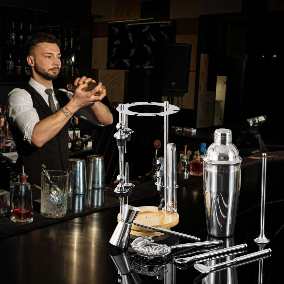 Kit de barman con soporte giratorio, juego de coctelera de 13 piezas de acero inoxidable, herramientas de barra de mixología, juego profesional de bar para mezclar bebidas, hogar, bar, fiesta,