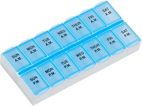 Miniatura 1 de Ezy Dose Organizador semanal de pastillas AMPM (7 días), estuche de vitaminas y caja de medicamentos, compartimentos medianos, 2 veces al día, azul