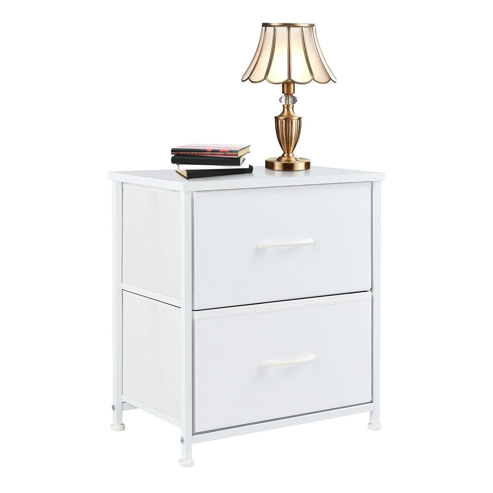 NEWBULIG End Table with 2 Fabric Drawers Small Dresser Nightstand, Bedside TV Tray Stand, Couch Desk for Bedroom Living Room Entryway Closet,Low Foot White, Short