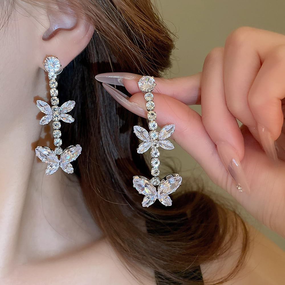 Wiwpar 2PCS Crystal Rhinestone Butterfly Bridal Wedding Necklace Earrings Set Silver Bow Butterfly Pendent Collar Tassel Chain Choker Necklace and Earrings Set for Party Costume Dressy Accessory - Image 4