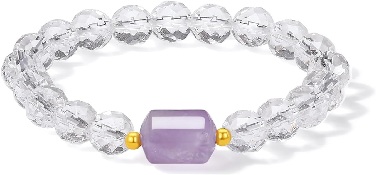 18K Gold Beaded Bracelets Clear Crystal Bracelet Cylinder Amethyst Rose Quartz Fengshui Gemstone Stretch Healing Jewelry for Women Her Daughter Anniversary Birthday Gifts 17cm/6.7"
