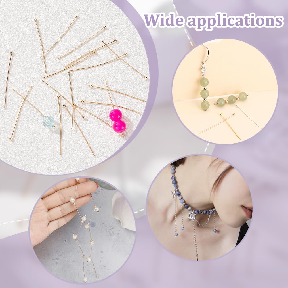 200 alfileres de cabeza de bola de 1.575 pulgadas, chapados en oro de 24 quilates, acero inoxidable 304, para hacer joyas, de 0.028 in (calibre 21) para manualidades, aretes de abalorios, 5