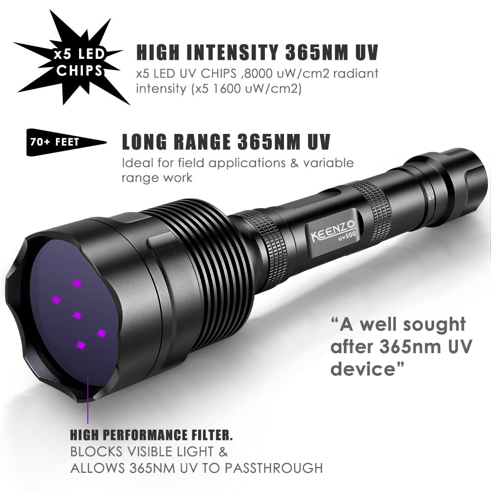KEENZO Torcia UV a Luce Nera da 365 nm, con 5 LED Professionali, 50 W, Potente Torcia a Luce Nera per Trovare Urina di Animali Domestici e Minerali, Ricerca di Scorpioni