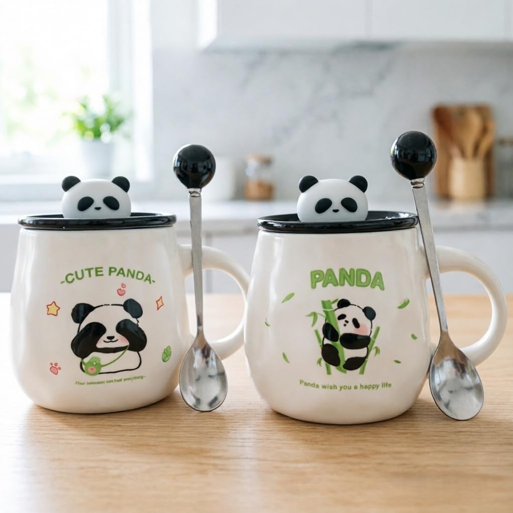Panda Tasse mit Deckel Löffel Keramiktasse 400ml Matt Weiß süße Kaffeetasse Teetasse Geschenk Freundin Büro Geburtstag 2 Motive (Augen-zu-Panda – 4er-Set)