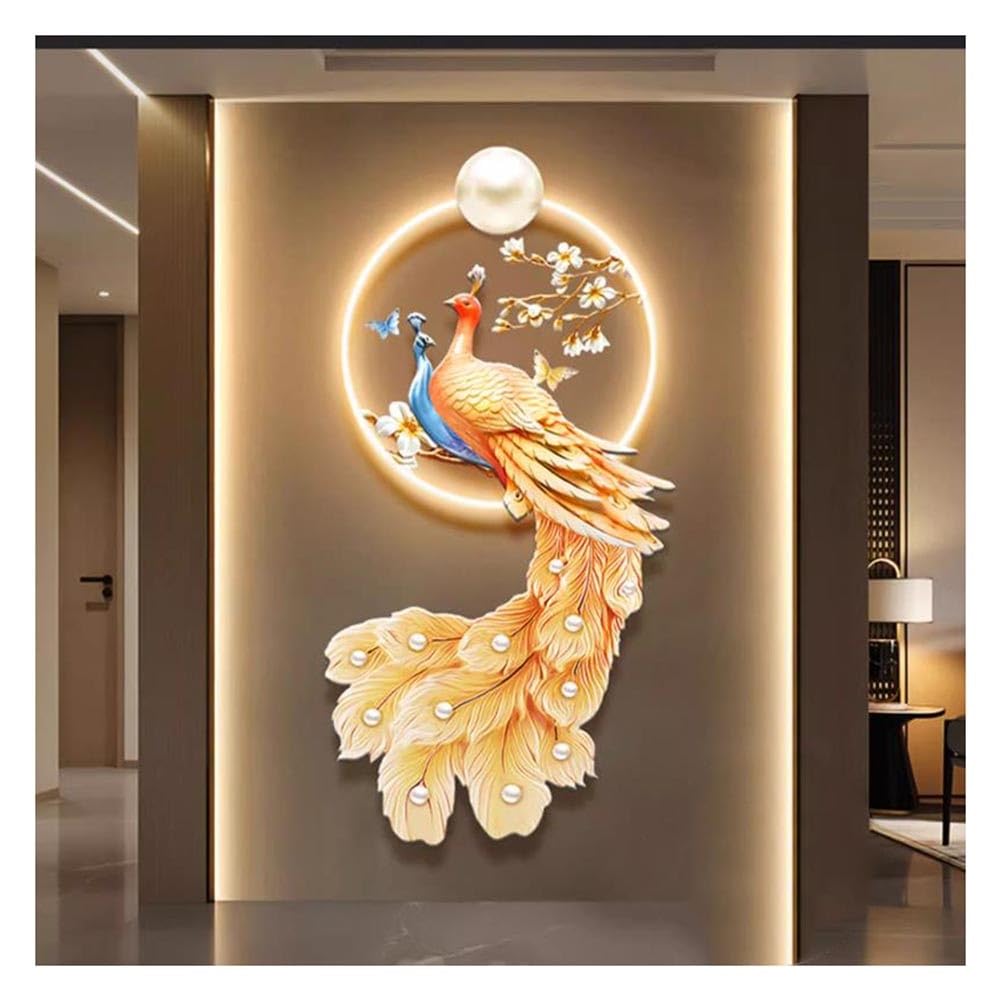Art Wall Decor Metal Wall Decor, 3D Peacock Wall Sculptures Painting Hanging Wall Art With LED Light Luminous Wall Decoration For Living Room Office Wall Hanging Statue(Yellow,40x80cm)
