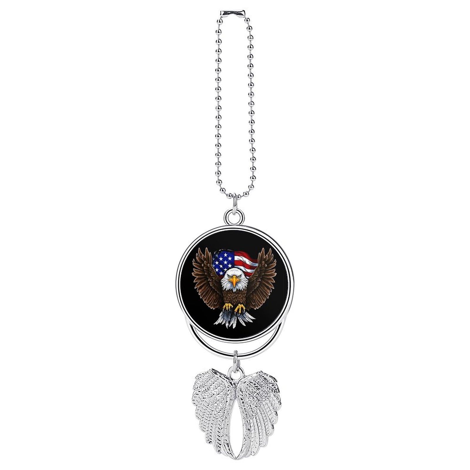 USA Flag Patriotic Eagle Guardian Angel Wing Car Ornament for Mirror, Zinc Alloy Hanging Charm with Spiritual Design for Protection, Rearview Mirror Accessory Decor Gift for Women Men(Silver)