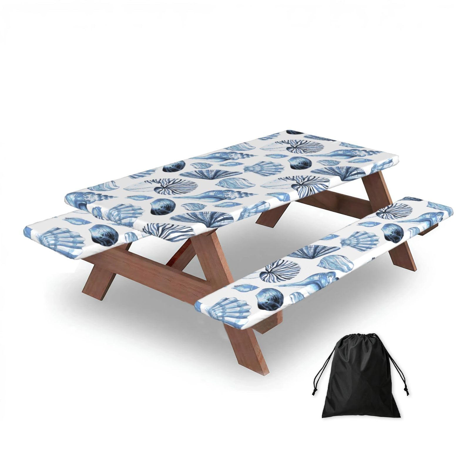 Blue Seashells Pattern On White, Picnic Table Cover With Bench Covers -Waterproof Elastic Fitted Tablecloth for Garden Camping Patio 76x152cm