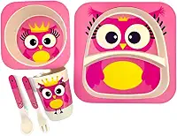 Kit Prato Infantil Bebe Pratinho Introdução Alimentar Copo e Talher Bambu (Coruja)