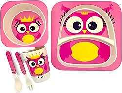 Kit Prato Infantil Bebe Pratinho Introdução Alimentar Copo e Talher Bambu (Coruja)
