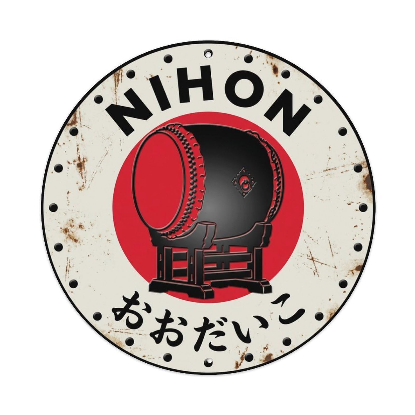 Galvaxio Style Odaiko Drum Nihon Large Barrel Rustic Metal Tin Sign