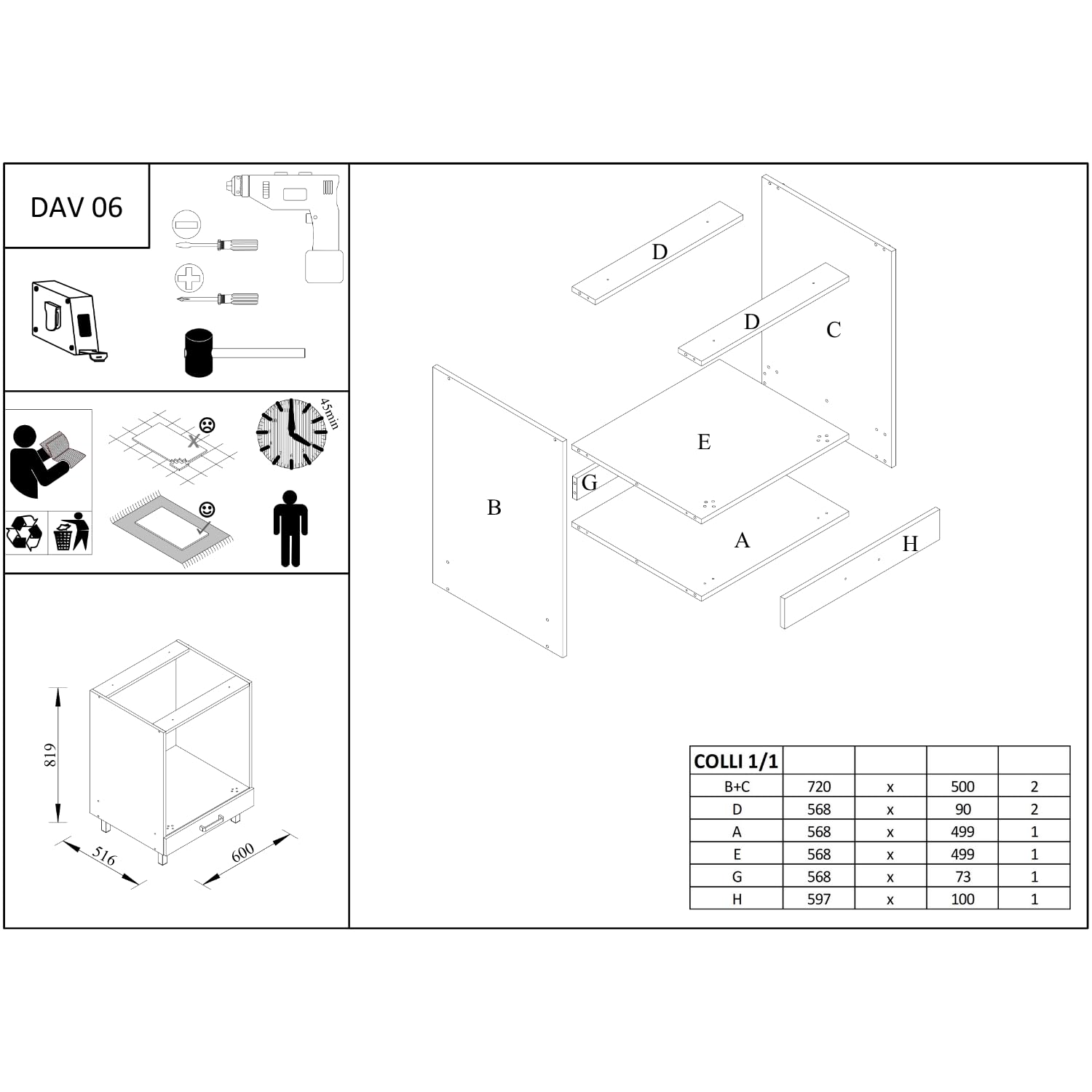 Meuble bas pour four 60 cm blanc brillant – Armoire de cuisine moderne pour four encastrable sur pieds – Système de cuisine modulaire – Idéal pour les petites cuisines, appartements
