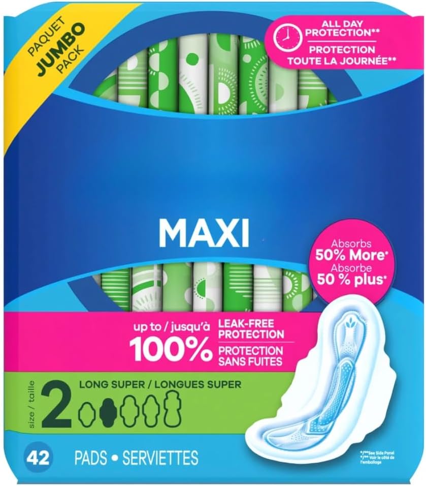 Maxi Pads with Wings, Size 2 Long, Unscented, 42 Count, Soft Cover, Leak-Resistant Absorbent Core, Individually Wrapped, Day & Overnight Use