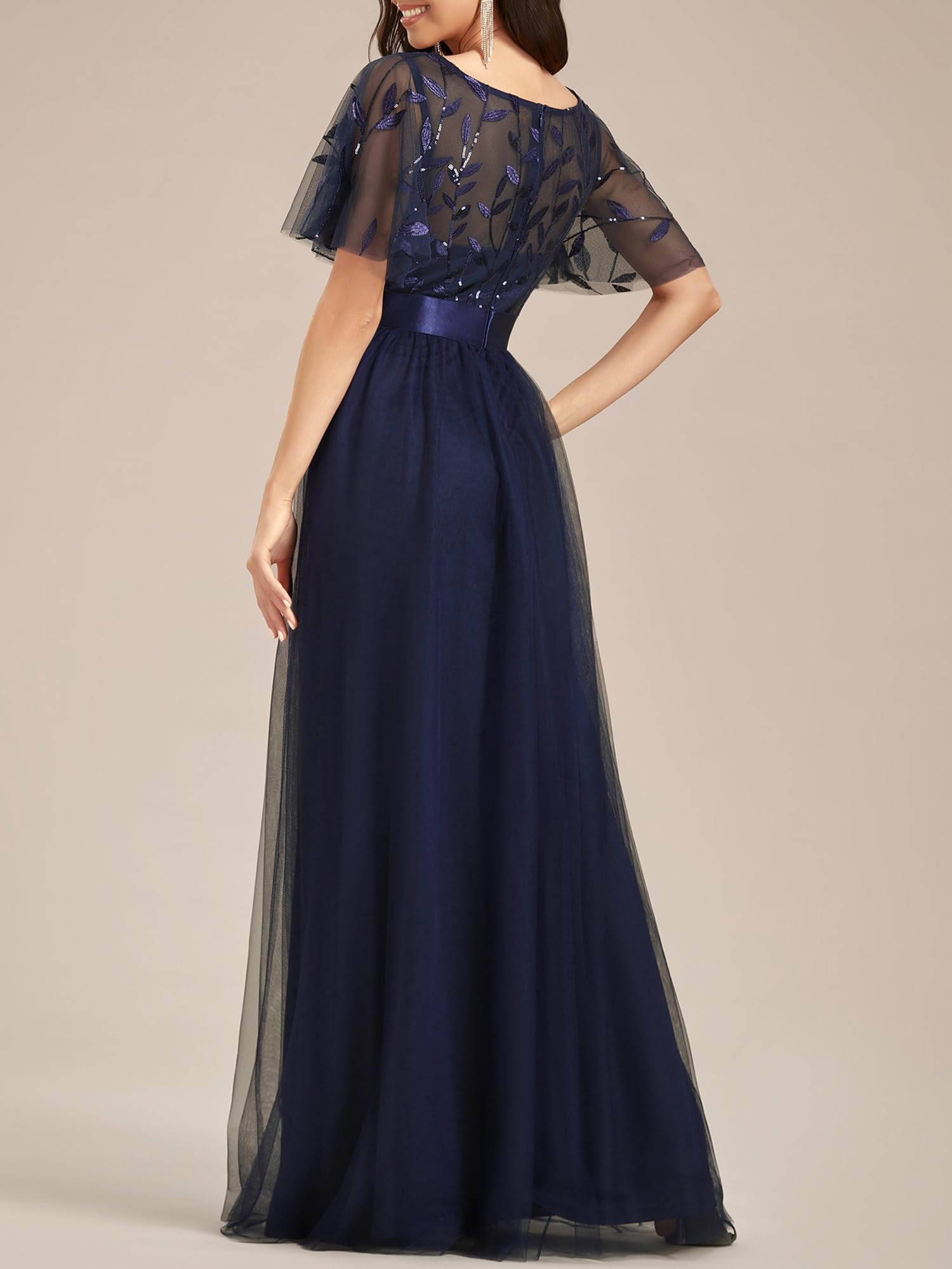 Ever-Pretty Damen Abendkleid A-Linie Spitze Kurze Ärmel Partykleid lang 00904