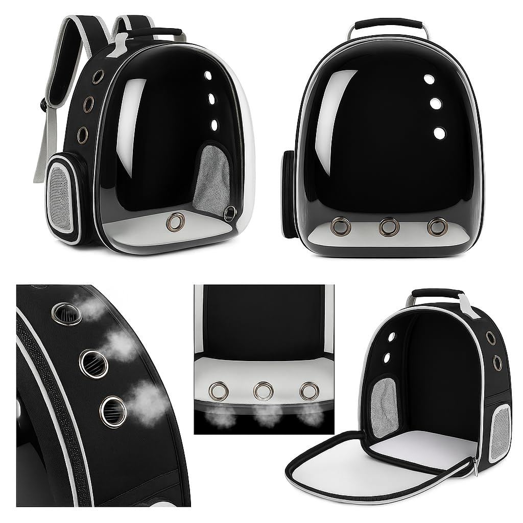 Mochila para Mascotas con Cápsula Transparente, Transportín Portátil para Gatos y Perros Pequeños, Pets, Ventilación Múltiple, Diseño Ergonómico, Mochila Negra