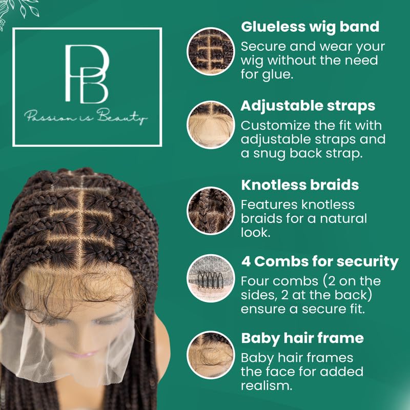 Miniatura 5 de PIB - Peluca trenzada de encaje completo sin nudos de 24 pulgadas, pelucas trenzadas cuadradas para mujeres negras con abuelitos naturales (1B30,