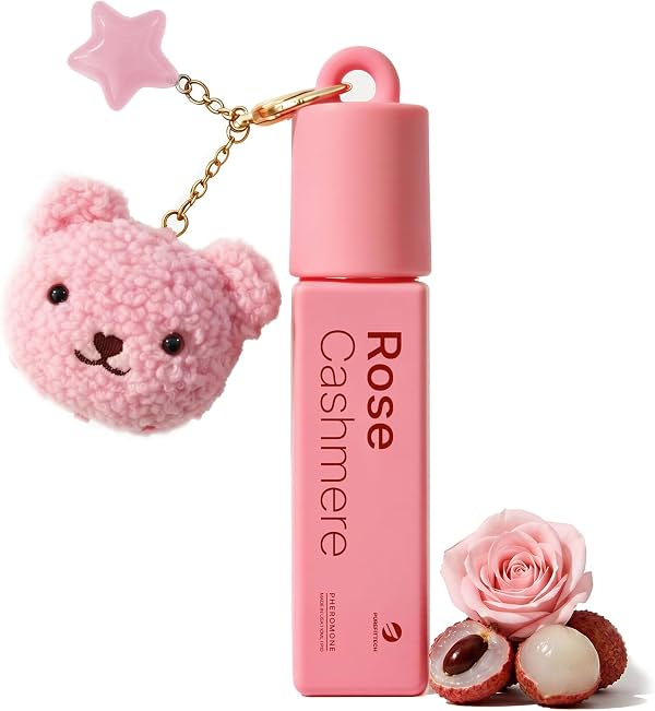 purefittech Perfume de Feromonas para Mujer con aroma a rosa, cachemira y lichi, en roll-on con llavero de osito kawaii, tamaño de viaje Eau de Parfum, frescura todo el día, regalo ideal, hecho en EE. UU., 0.34 fl oz (10ml)