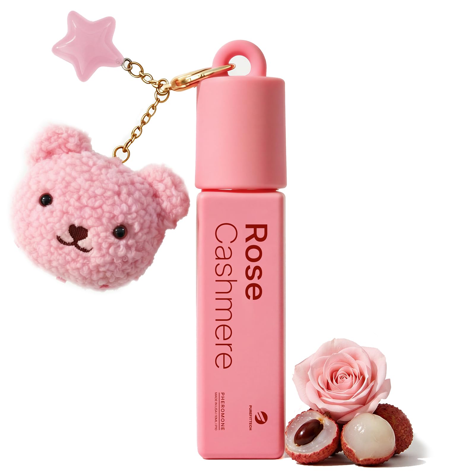 purefittech Pheromones Perfumes for Women Rose Cashmere Lychee Scent Roll-on Perfume with Kawaii Bear Keychain,Travel-Size Eau de Parfum, All-Day Fresh, Ideal Gift, Made in USA, 0.34 fl oz (10ml)