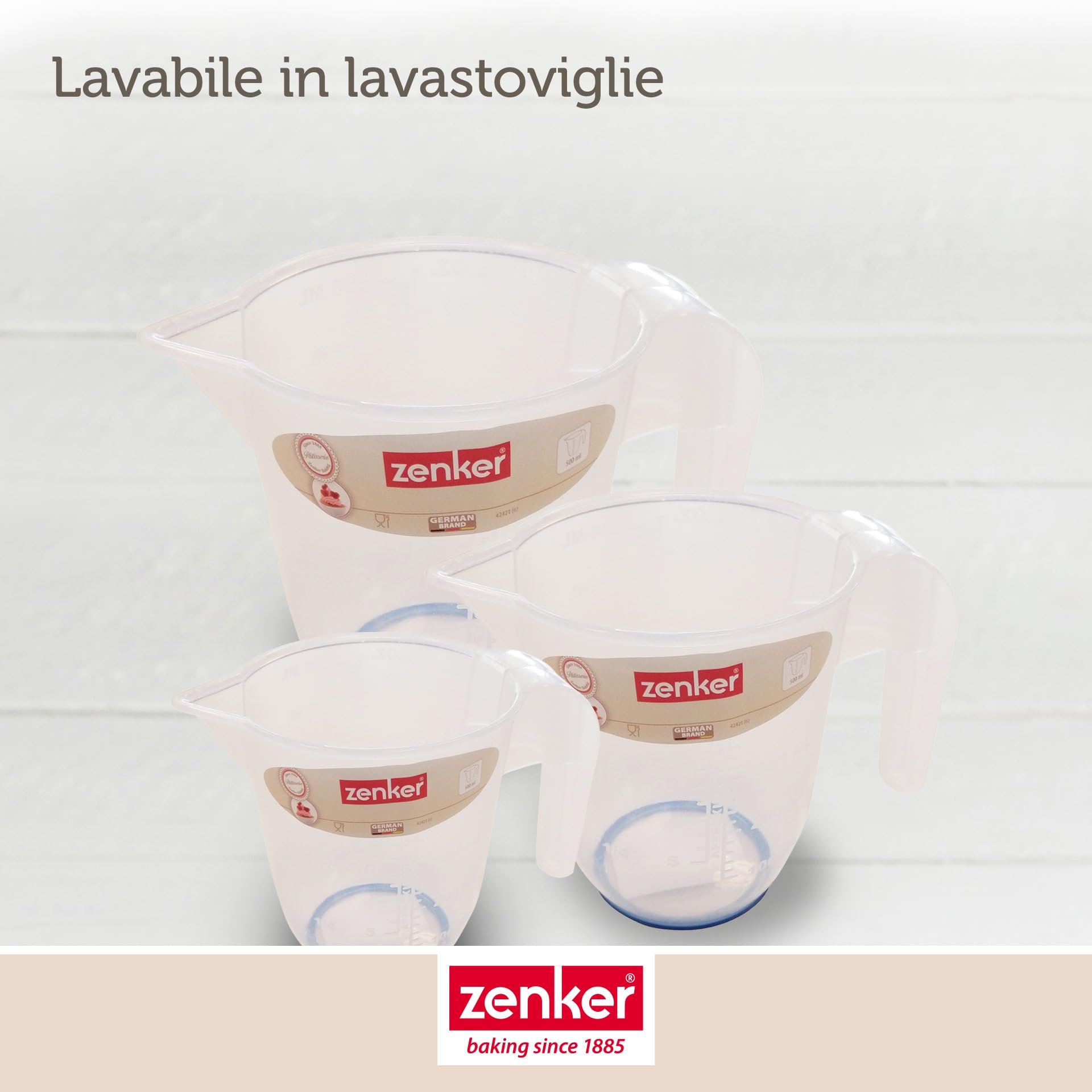 Zenker Set 3 Caraffe Graduate in Plastica Alimentare Trasparente - 0.5 Litri, 1 Litro e 2 Litri - Brocche da Cucina Resistenti al Calore per Misurare Liquidi, Impasti, Cottura