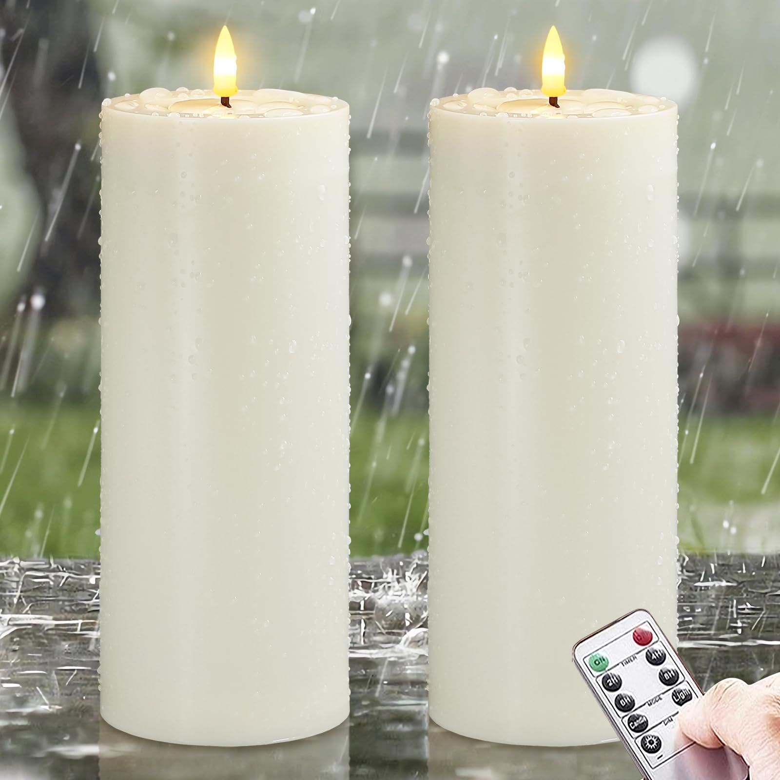 Impermeable parpadeo de plástico sin llama velas LED con el ciclo de temporización y control remoto, Funciona con pilas Paquete de 2 Aceite de cera exterior (Marfil, 10cm x25cm)